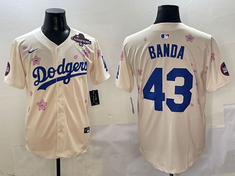 Men Los Angeles Dodgers #43 Banda Cream White Blue Sakura Edition 2025 Nike MLB Jersey style 3